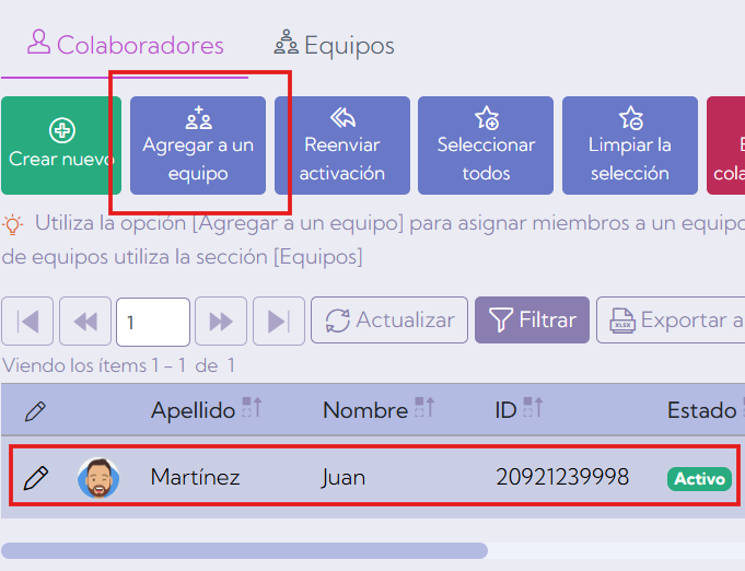 Pantalla de colaborador nuevo