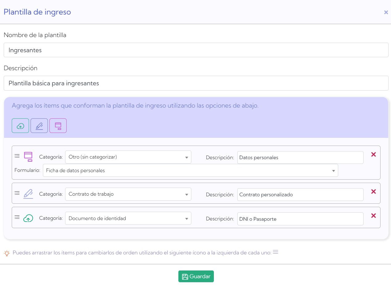 Carga de ítems de onboarding
