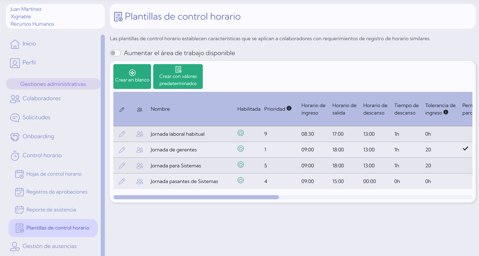 Pantalla de plantillas de control horario