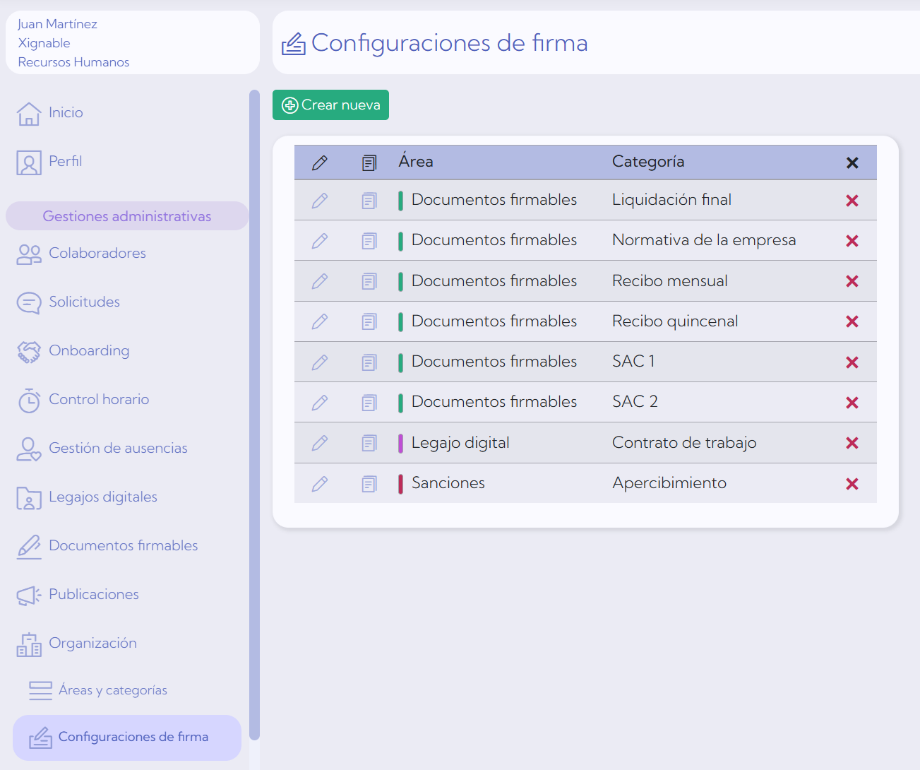 Pantalla de configuraciones de firma
