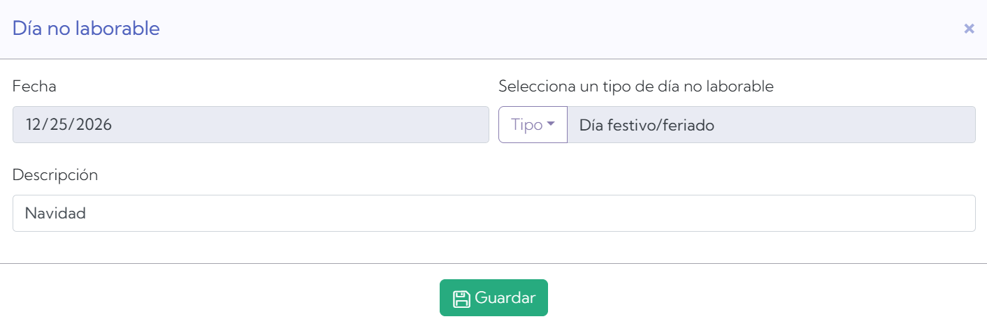 Configuración de un día no laborable