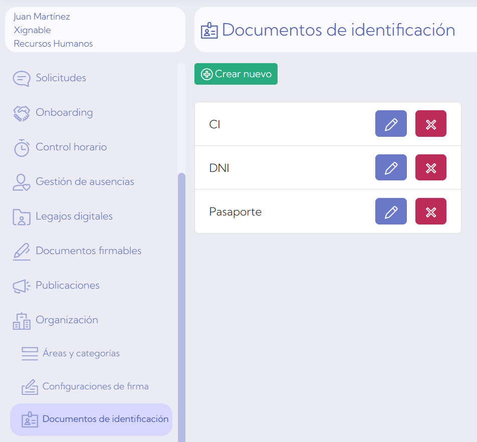 Pantalla de documentos de identificación