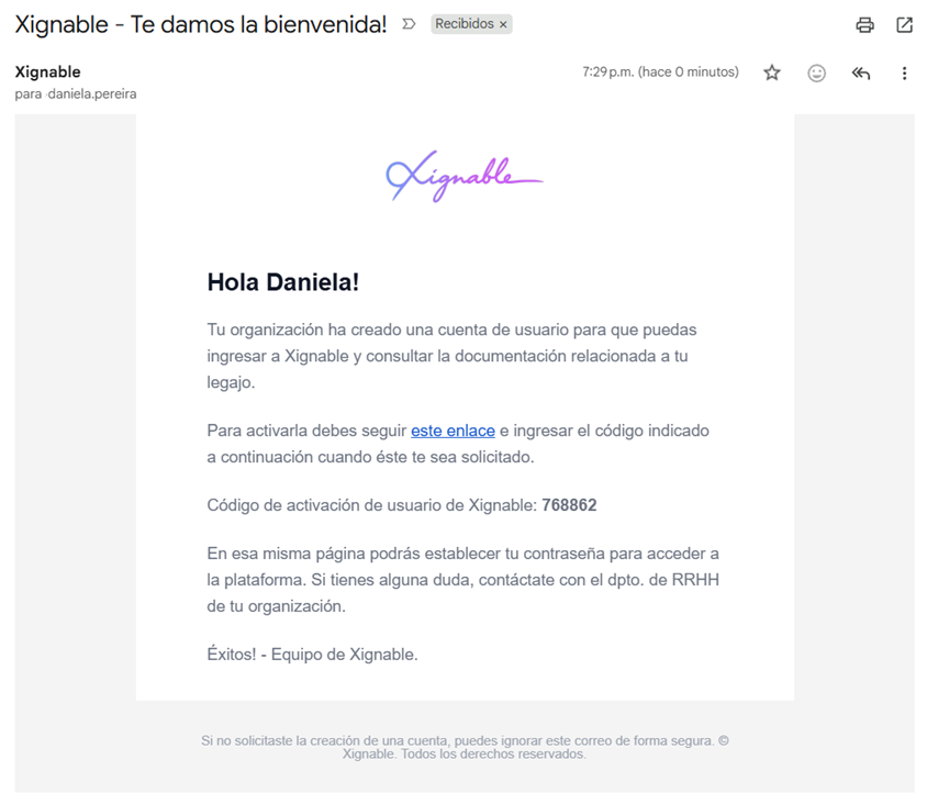 Mensaje de activación de cuenta