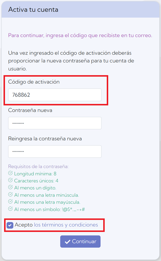 Pantalla de activación de cuenta