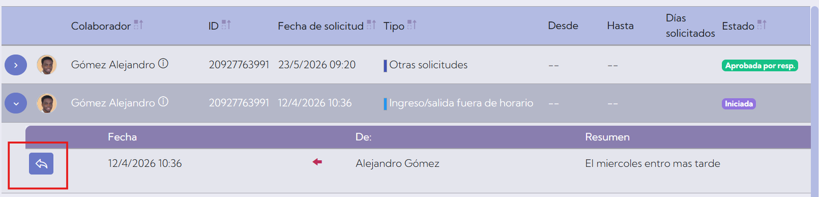Pantalla de respuesta a la solicitud