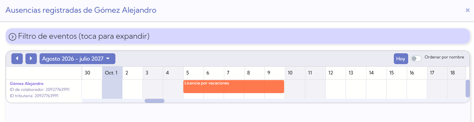 Calendario de ausencias del colaborador