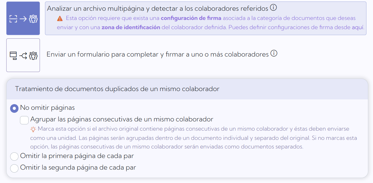 Opciones de enviar analizando el archivo